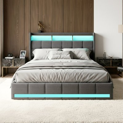 EU Double & King Linen Storage Bed With 4 Drawers & Dual LED Lights, Upholstered Bed Frame With Charging Port, Grey & Beige