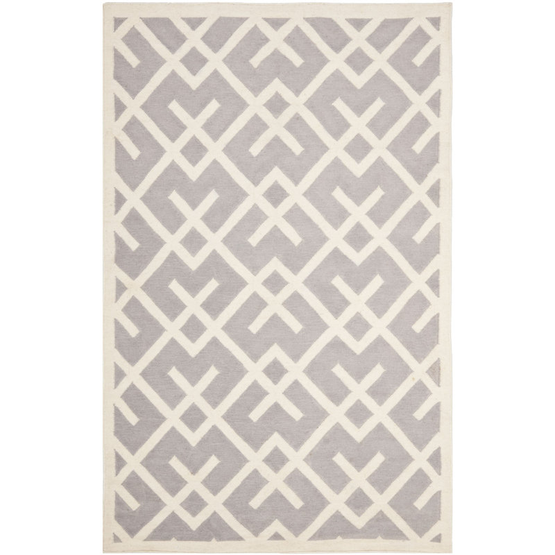 Rodgers Hand Woven Flat Weave Wool/Cotton Geometric Rug in Ivory/Gray, Rectangle 5' x 8'