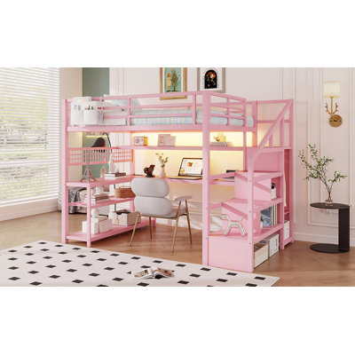 Lit mezzanine avec escalier et garde-robe, lit mezzanine en métal avec bureau, tablettes de rangement, lumières DEL et station de charge