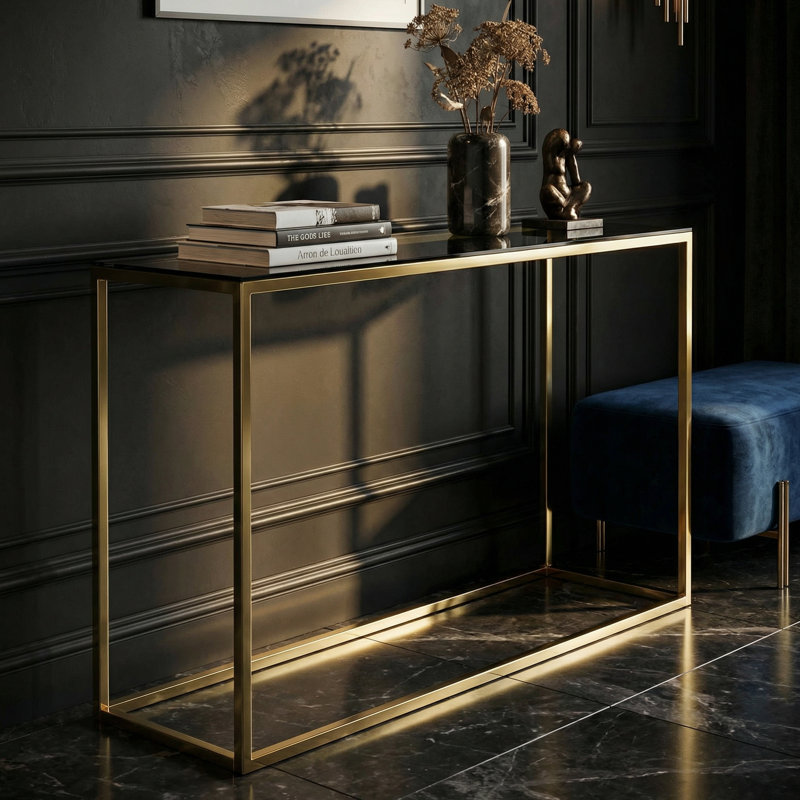 Jul Console Table in Gold Stainless Steel and Smoked Glass, 47"