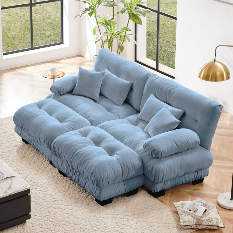 Canapé-lit Cloud Couch pour le salon, canapé 2 places en chenille avec 2 coussins lombaires et 2 coussins décoratifs, canapé rembourré à accoudoirs larges avec 2 repose-pieds, bleu chenille