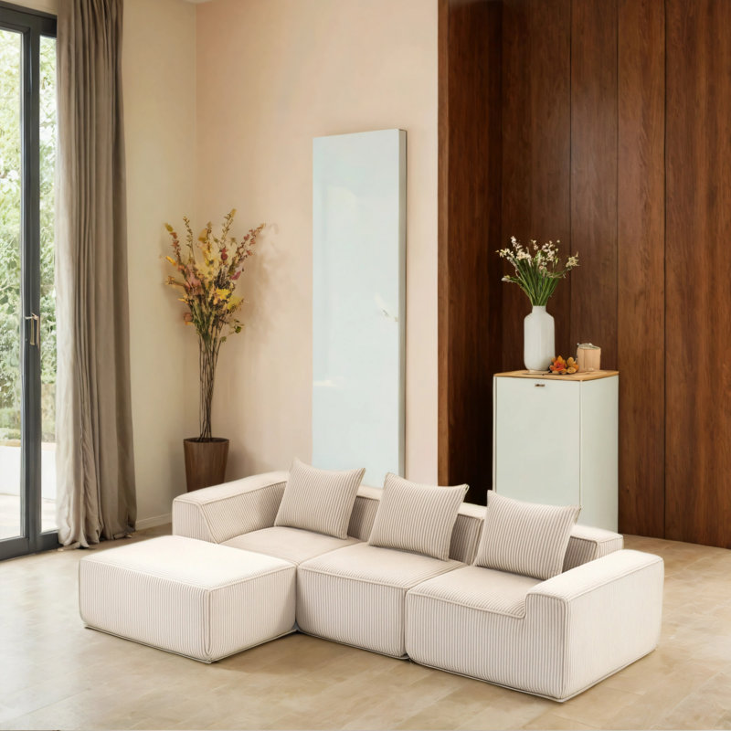 Canapé modulaire en velours avec repose-pieds, Beige