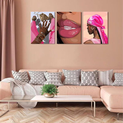 Black Girl Canvas Wall Art Set of 3 Pink African American Black Woman Wall Decor Fashion Abstract Black women Aesthetic Poster Prints for Living Room Bedroom Bathroom16x24in Framed