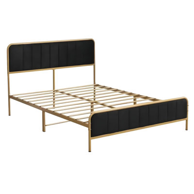 Structure de lit très grand en métal - plateforme en fer doré avec tête et pied de lit rembourrés en velours noir, aucun sommier tapissier requis, conception silencieuse moderne
