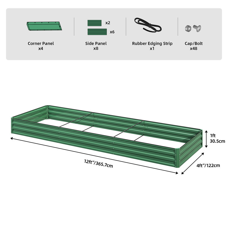 Millerville Raised Garden Bed-12x4x1 FT, Green, 12'' H x 144'' W x 48'' D