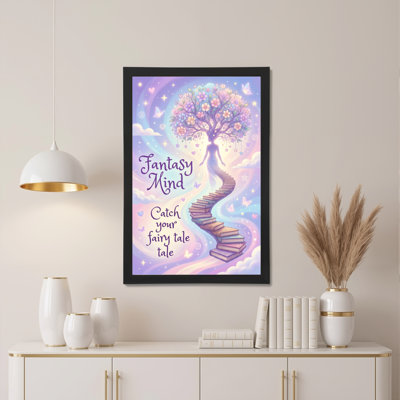 Arbre fantaisiste avec escalier vers le ciel, impression sur toile tendue sur toile, paysage fantastique avec papillons et étoiles pour la chambre à coucher ou le salon