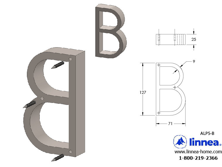 5" Floating Mount House Letter, B, Satin Stainless Steel