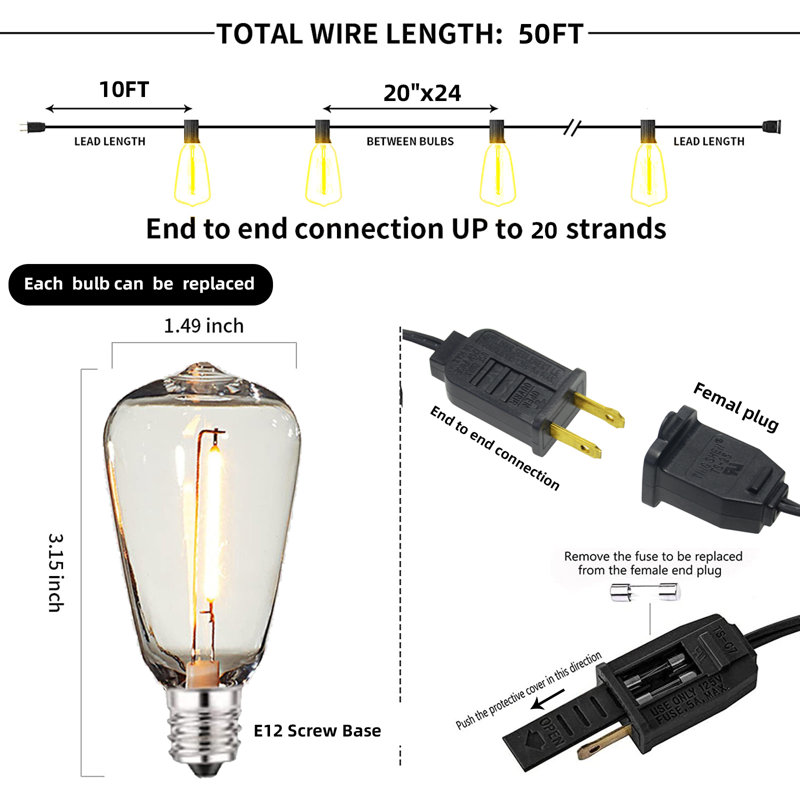 Outdoor 50ft 25 Bulbs Standard String Lights,End to End Connected