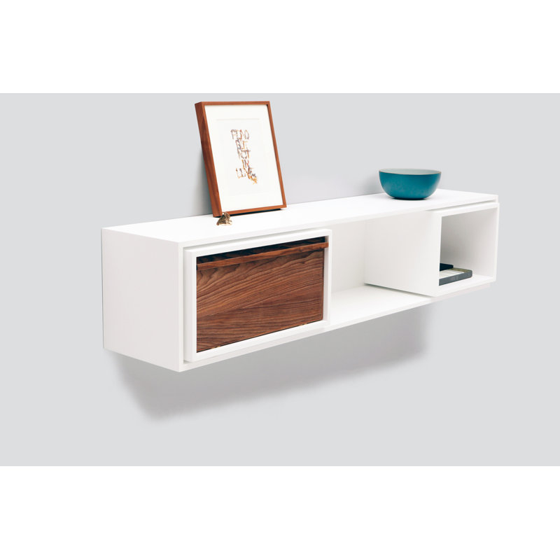 New School 2 Piece Walnut Solid Wood Cube Shelf with Drawer