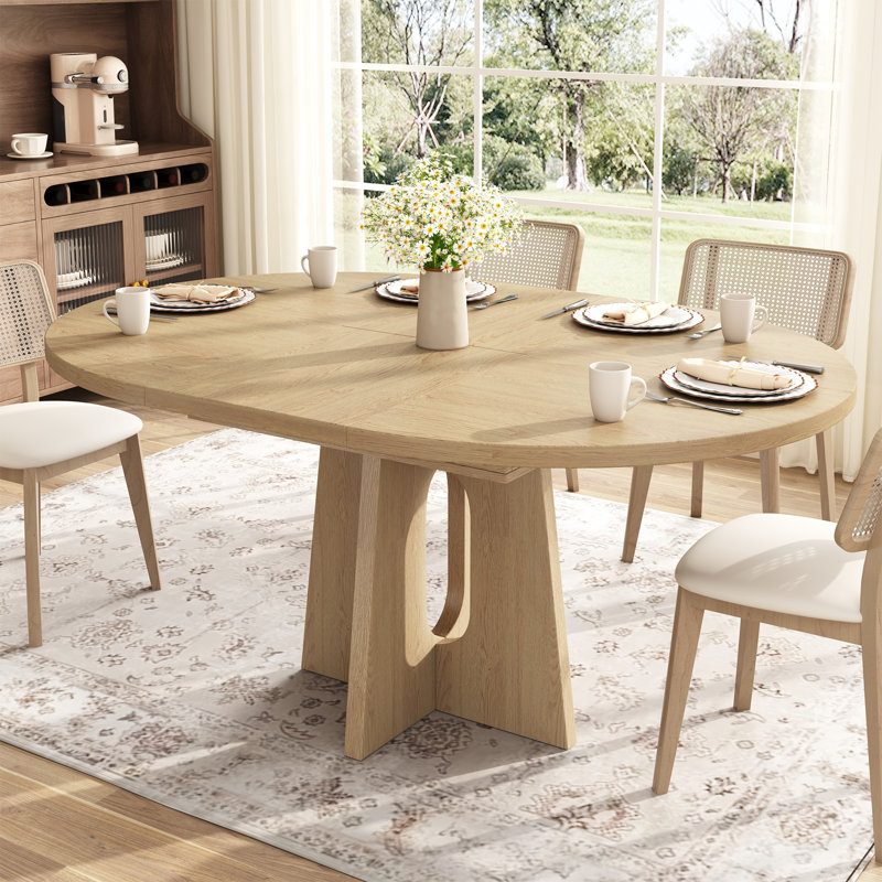 59-Inch Extendable Round Dining Table For  4-6 People For Dining Room, Light Brown