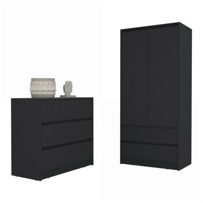 Ensemble de chambre à coucher, commode 2 pièces + armoire pour chambre à coucher / chambre d'amis | Noir | Bois d'ingénierie