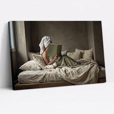 Person Reading Green Book In Bed With Towel On Head Canvas Wall Art