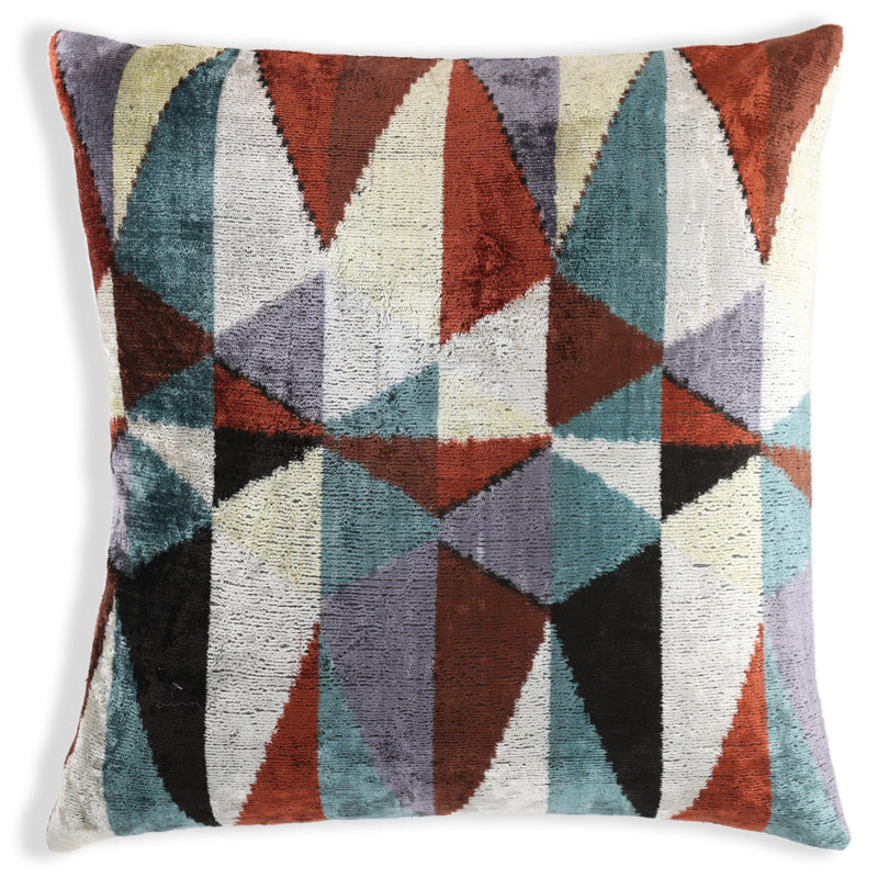 Coussin décoratif en velours géométrique fait à la main - 16 x 16 pouces - Motif triangulaire