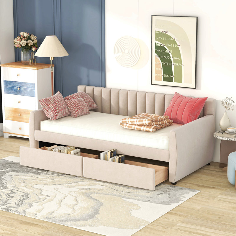 Lit de jour rembourré avec tiroirs Lohrman, Beige, Simple