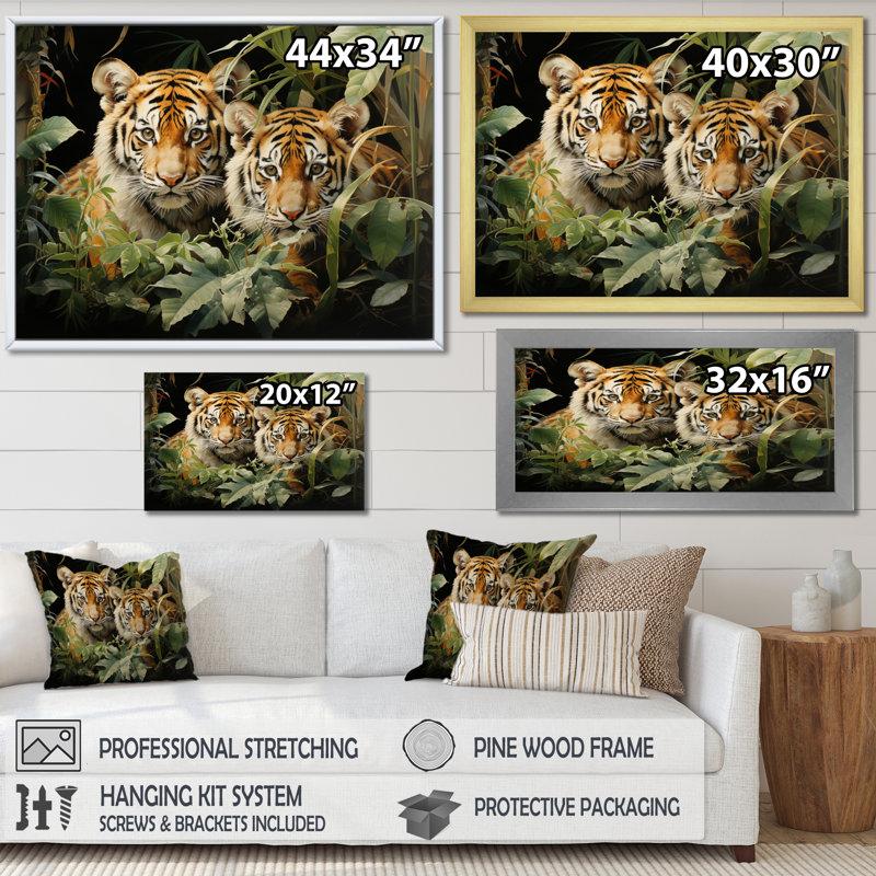 Asian Art Tigers In Jungle III - Art mural asiatique, H 12 po x l 20 po x P 1 po, Cadre flottant blanc