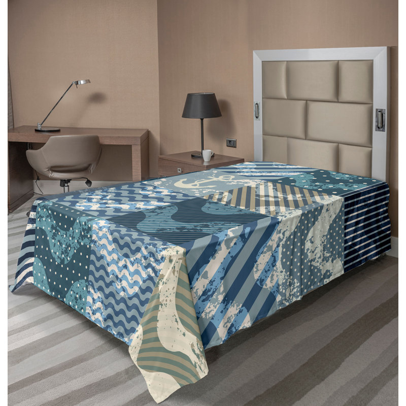 Ambesonne Top Flat Sheet Curving Art, Twin Flat Sheet, Blue Beige Stripes