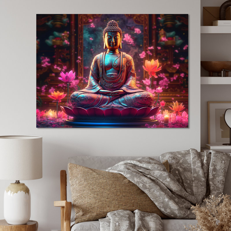 Starlight Buddha I - Décoration murale paysage religieux, H 16 po x l 32 po x P 1 po, Cadre flottant blanc
