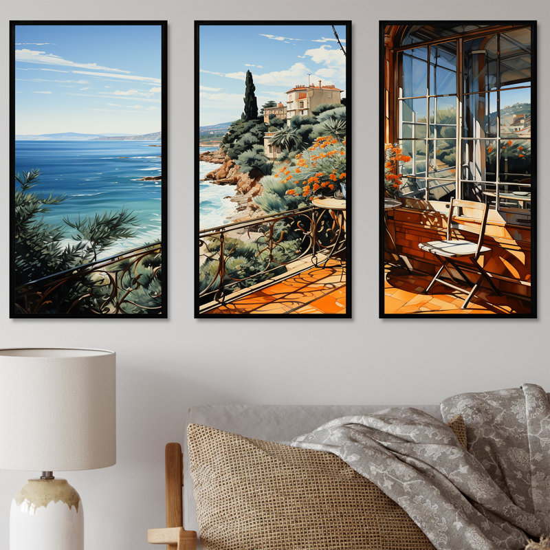 French Riviera Beach Reflections - Coastal Windows, art mural, H 28 po x l 36 po x P 1 po, Cadre flottant noir