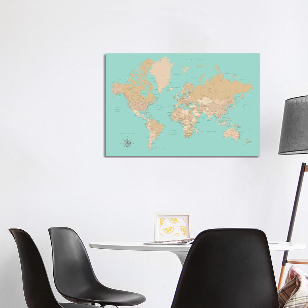 Vintage Style Teal And Brown World Map With Cities by Blursbyai - Gallery- Giclée on Canvas