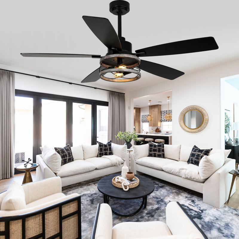 52" Farmhouse Ceiling Fan with Light and Remote Control, 6 Speeds Black Reversible Traditional Ceiling Fan for Living Room