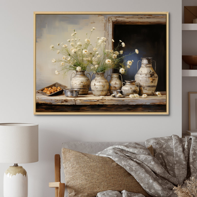 Flower Herbs Farmhouse Still Life, H 30 po x l 40 po x P 1,5 po, Cadre naturel flottant