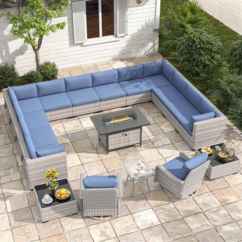 14 - Person Outdoor Wicker Patio Conversation Furniture Set with Fire Pit Table, Navy