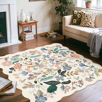 Floral Square Area Rugs for Family: Washable 5x5 Scalloped Carpet for Living Room Bedroom Soft Water Resistant Floor Mat with Non Slip Backing for Kitchen Nursery Dorms Farmhouse Home Decor(5x5,Cream)