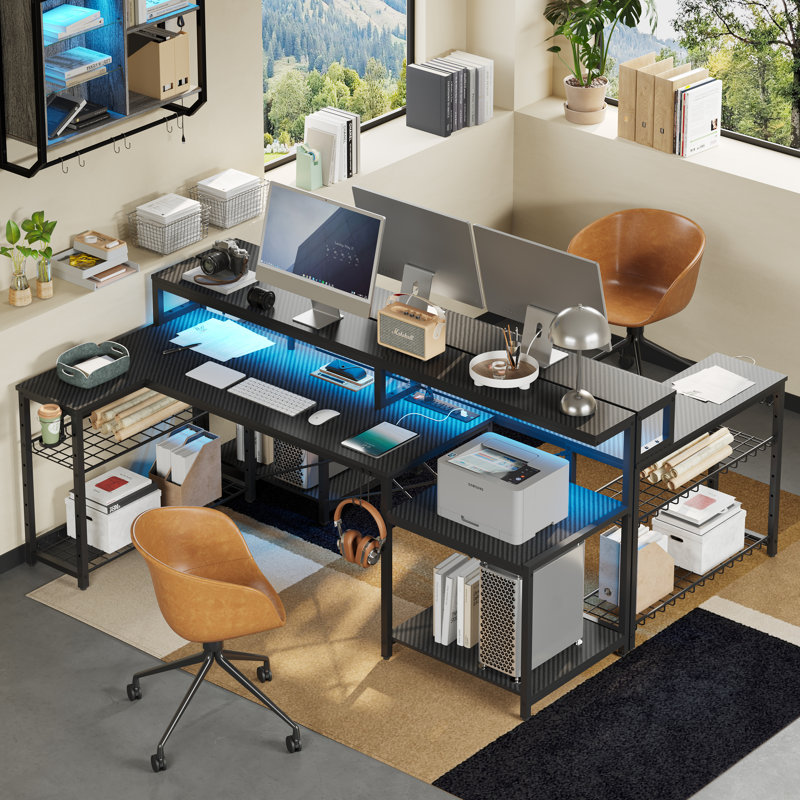 Monike 71.5" W LED Gaming Desk with Power Outlet, L-Shaped Computer Desk with Monitor Stand, Black