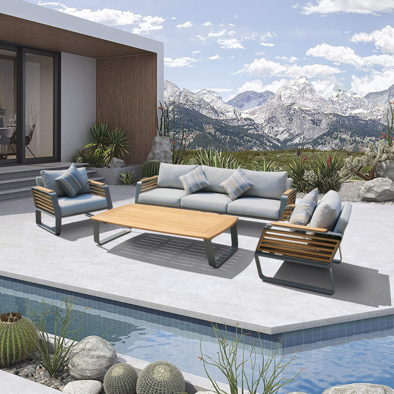 Palazzolo Outdoor Teak and Aluminum Patio Set with Coffee Table