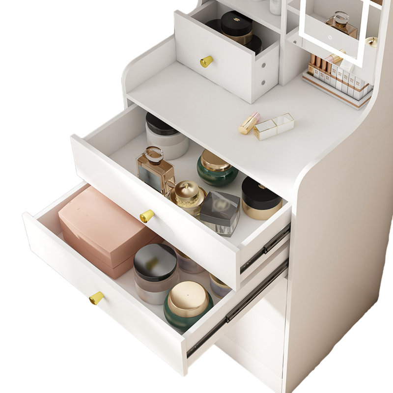 50.3"H White Makeup Vanity Set, Hidden Storage Stool & Makeup Desk With LED Mirror On Cabinet Door, Drawers & Open Shelves