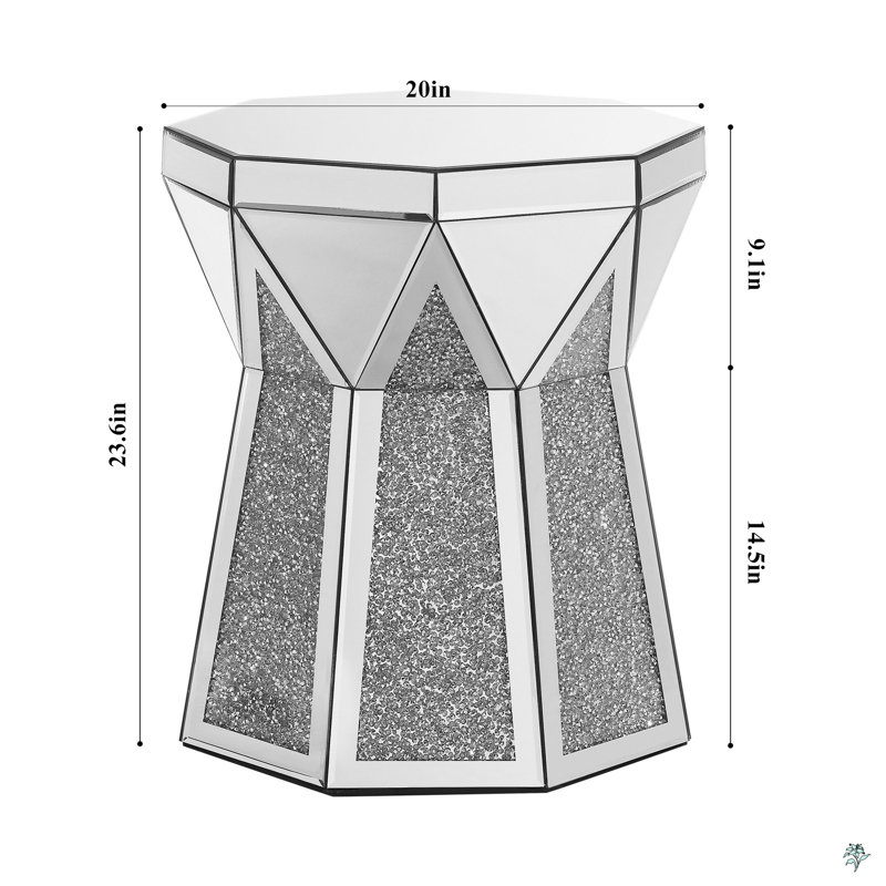 Drum Style Coffee Table With Mirror Crystal Inlay, Polygonal Silver Decorative Table