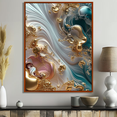 Liquide, ruisseaux, coucher de soleil, rose, turquoise, or - vagues modernes abstraites, art mural