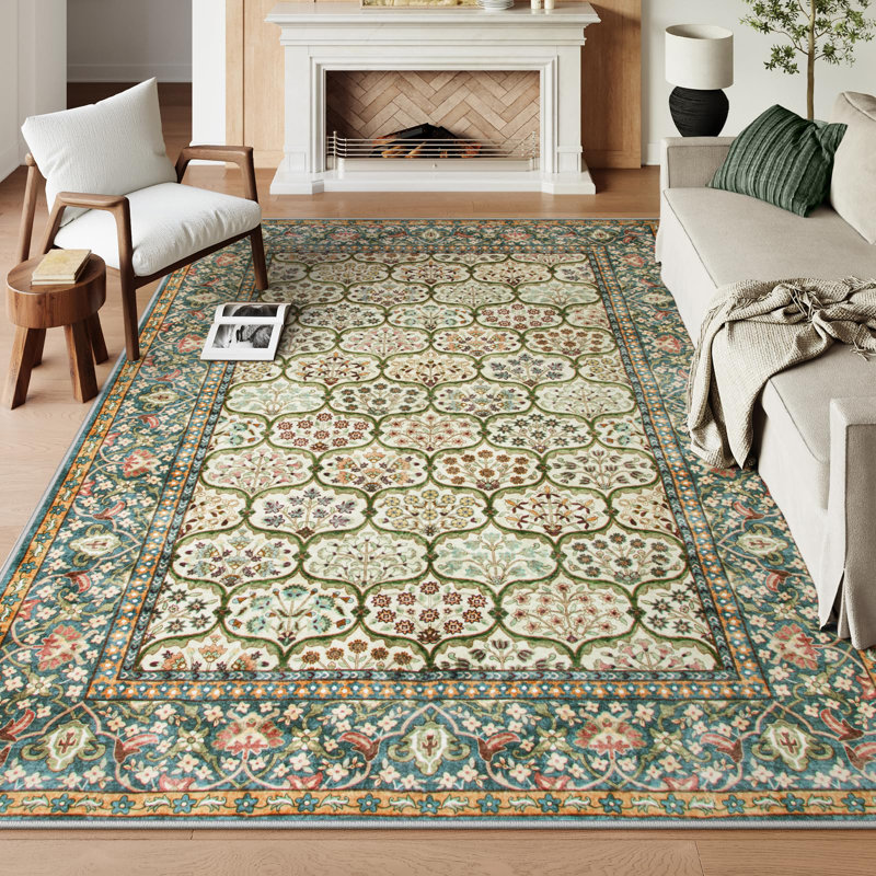Tapis court en cachemire à fleurs et plantes pour le salon, Rectangulaire 8 pi x 10 pi
