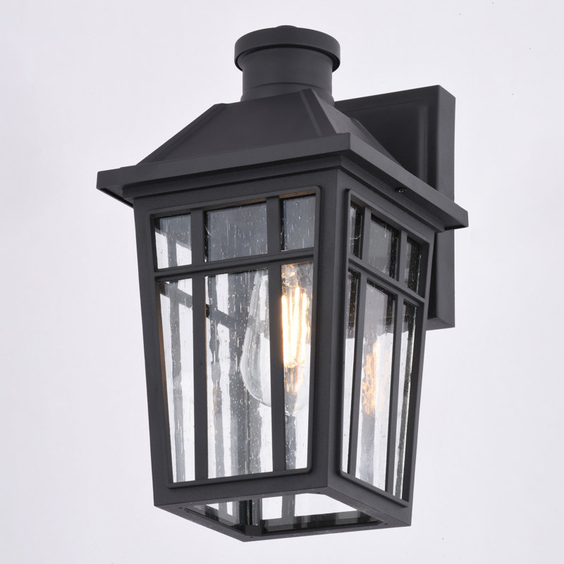 Garfield Park 12 In. H 1-Light Textured Black Outdoor Wall Sconce Made Of Rust-Resistant Aluminum, Clear Seeded Glass Shade, LED Compatible, Use For Exterior Porch Patio Front Door Or Garage