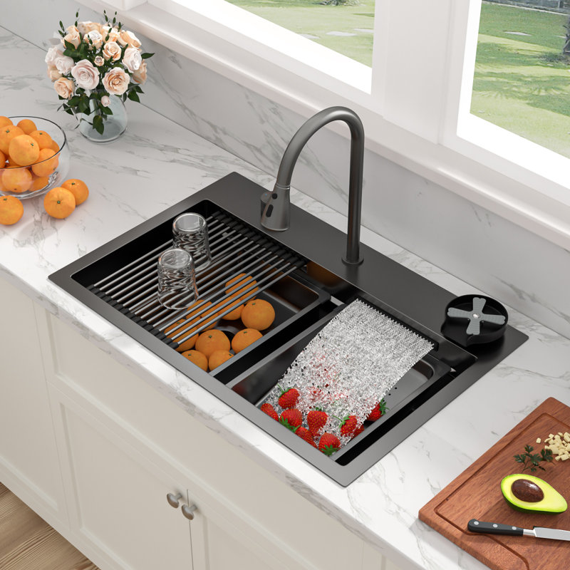 31 in. Waterfall Drop-In Kitchen Sink SUS304 Stainless Steel Single Bowl Kitchen Sink with Dual Ledge Workstations and Faucet Combo