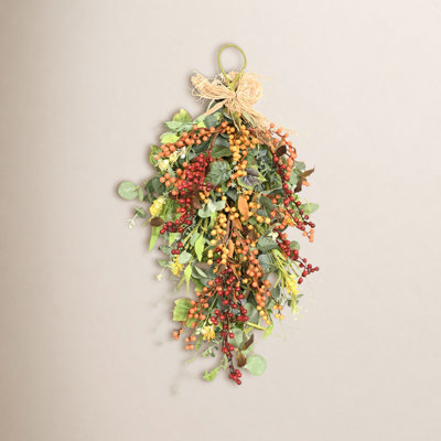 24" Artificial Fall Harvest Teardrop Leaf Swag Greenery Eucalyptus Ivy Berry Front Door Wreath Thanksgiving Wall Decor