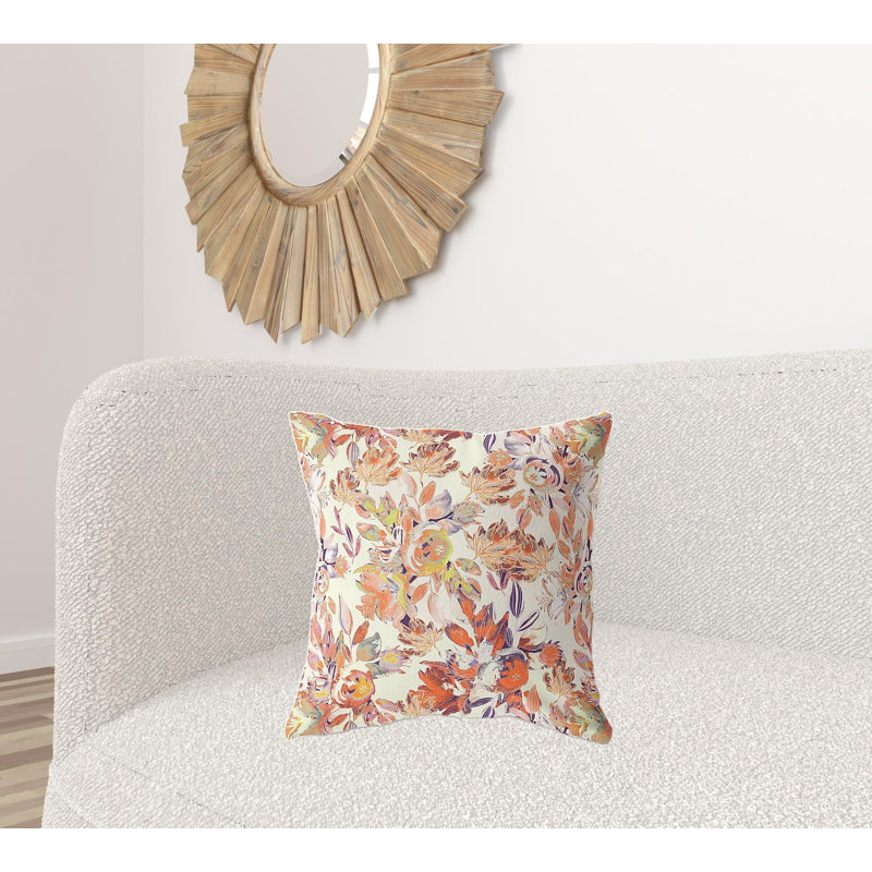 20" X 20" White And Green Broadcloth Floral Throw Pillow, Rouge / pêche / crème