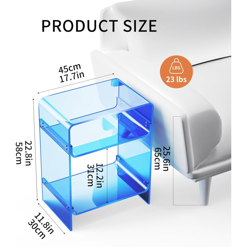 Acrylic Record Player Table with Storage Shelf, Clear Side Table Nightstand (Blue), Blue, 22.8" H x 17.7" W x 11.8" D