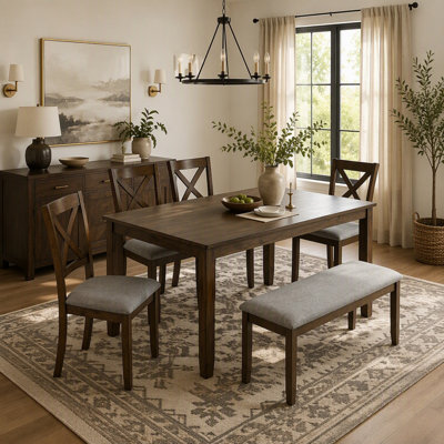 6 Piece Wooden Dining Set with Rectangular Table, 4 Upholstered Chairs, and Bench, Perfect for Family Meals and Gatherings, Space-Saving Design