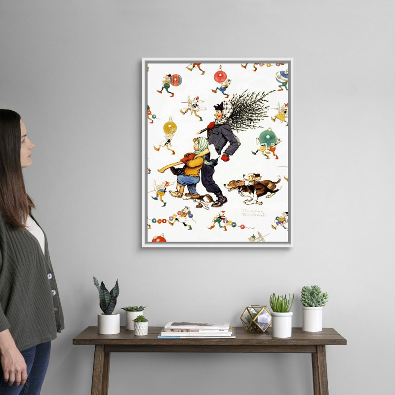 «Norman Rockwell Bringing Home The Tree», art mural sur toile, H 32 po x l 26 po x P 1,75 po, Cadre flottant blanc