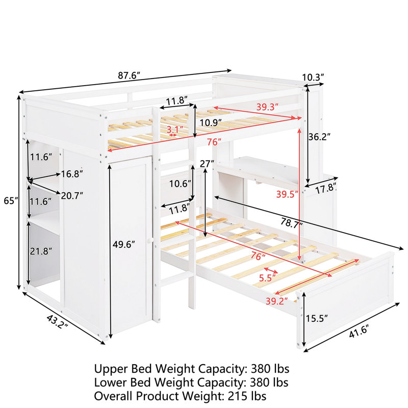 L - Shape Bunk Bed With Built-In Desk And Wardrobe, Full Over Twin, White