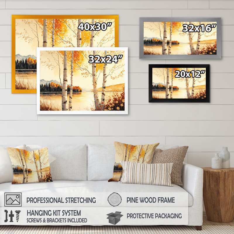" Birch Trees During Golden Hour By The Lakeside VI ", Black Picture Framed, 12" H x 20" W x 1" D