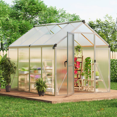 Serre en polycarbonate de 6 pi x 6 pi avec cadre en aluminium, serre d'extérieur pour fleurs d'herbes végétales, porte verrouillable et évent de toit réglable, ensemble de serre de jardin pour le jardin, argent