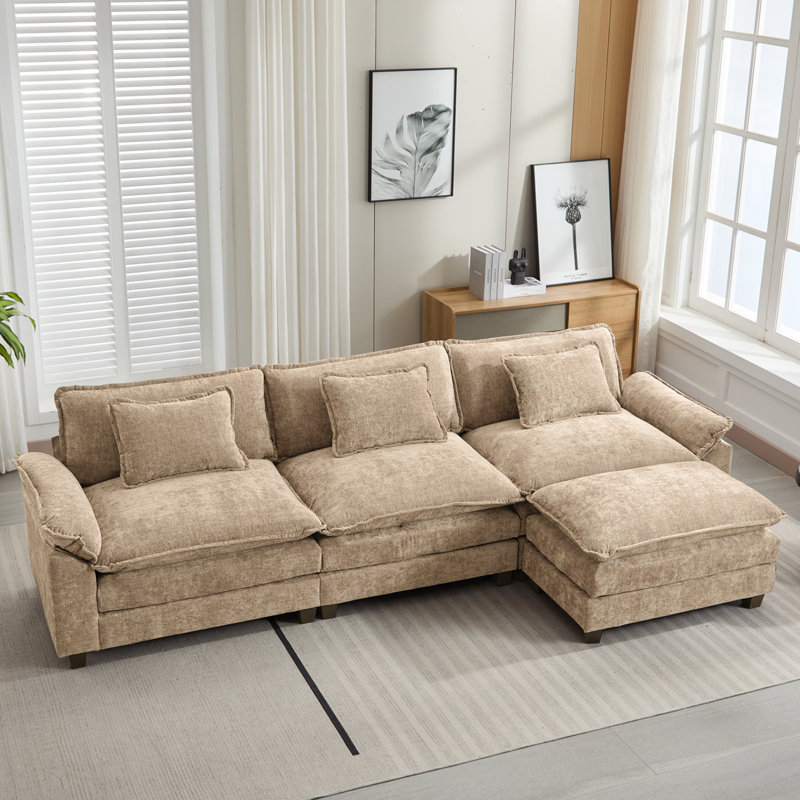 120" Sectional Sofa Comfy Cloud Couch For Living Room Modern Sofa Sleeper Deep Couches With Ottoman, Khaki Chenille