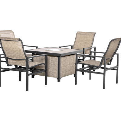Ensemble de salle à manger de patio beige, 5 pièces, acier, 4 chaises à bascule et table avec seau à glace intégré, mobilier d'extérieur, beige, et