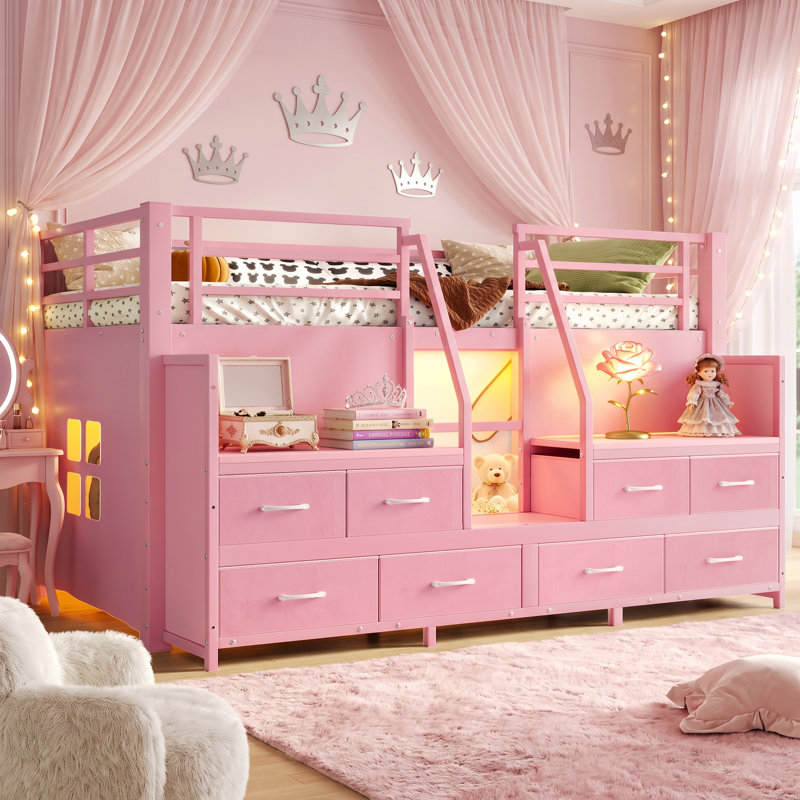 Lit mezzanine simple en métal avec lumières intégrées, tiroirs en tissu et tablettes de rangement, espace privé sous le lit, aucun sommier requis, rose