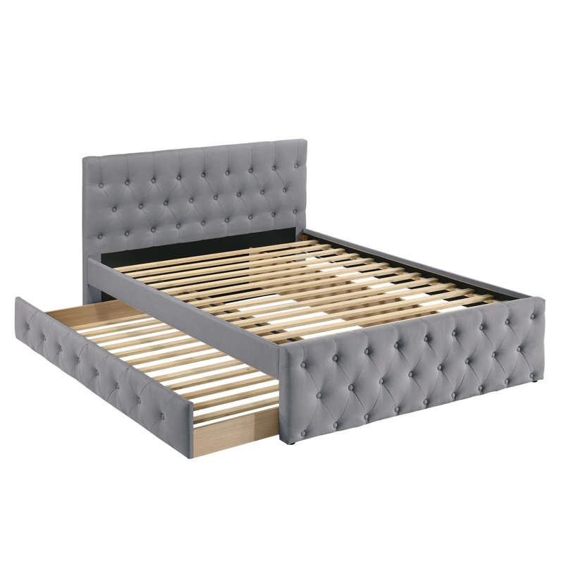 Lit contemporain avec lattes de lit gigogne, Gris clair, Double