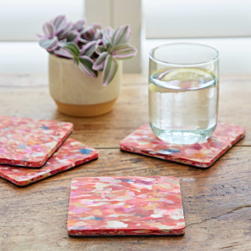 Recycled Plastic Square Coasters, Red/White