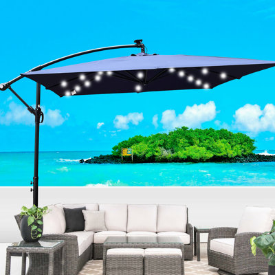 Parasol carré carré 2,5X2,5M avec lumières solaires -, 8 baleines, manivelle, base croisée pour jardin, terrasse, cour arrière, piscine, éclairage de patio bleu marine,