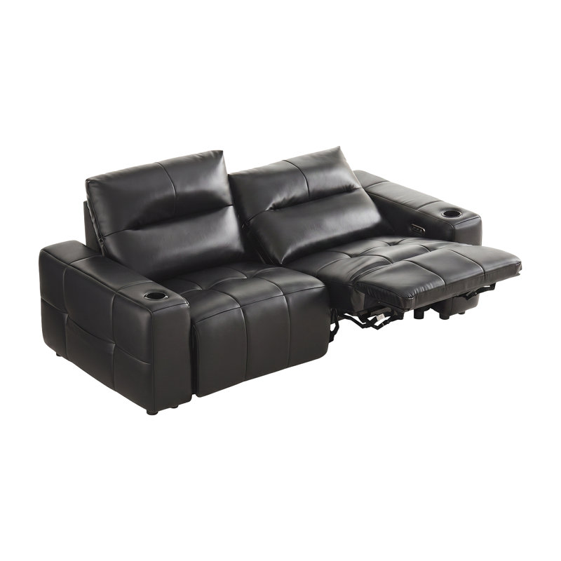 Causeuse inclinable électrique en cuir véritable avec ports de charge USB et porte-gobelets, noir, Noir